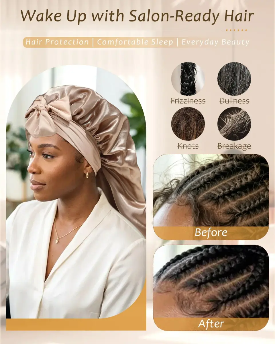 AWAYTR Champagne Long Double Layer Satin Bonnet with Straps for Braids - view 4