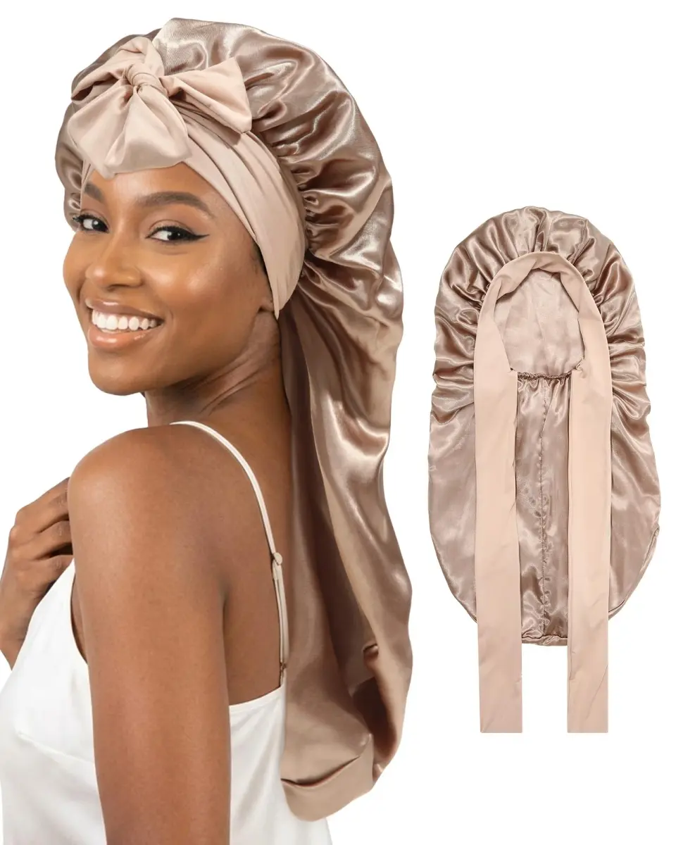 AWAYTR Champagne Long Double Layer Satin Bonnet with Straps for Braids - main product image