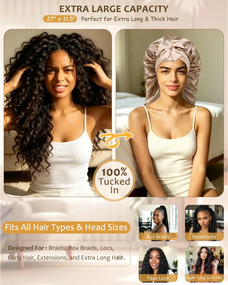 AWAYTR Champagne Long Double Layer Satin Bonnet with Straps for Braids - view 2