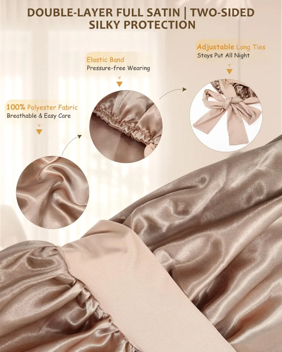 AWAYTR Champagne Long Double Layer Satin Bonnet with Straps for Braids - view 3