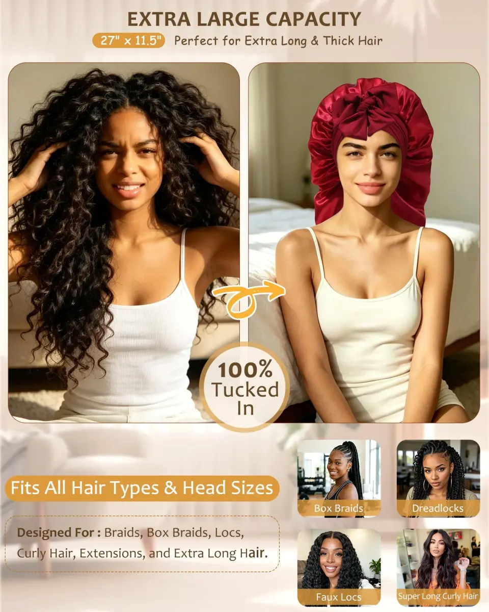 AWAYTR Long Satin Bonnet for Braids - Double Layer Hair Bonnet for Sleeping, 68cm (27in) Wine Red - view 2