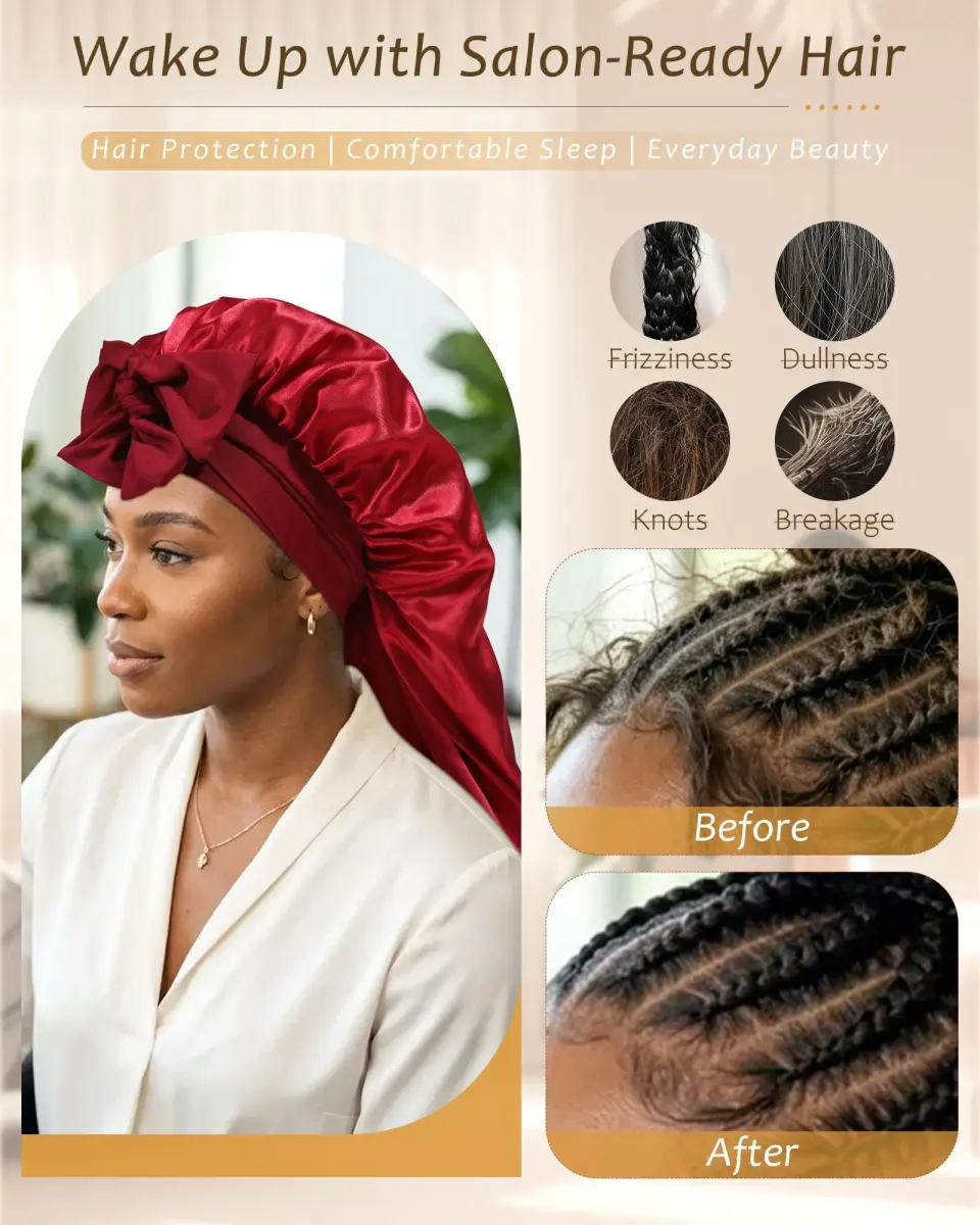 AWAYTR Long Satin Bonnet for Braids - Double Layer Hair Bonnet for Sleeping, 68cm (27in) Wine Red - view 4