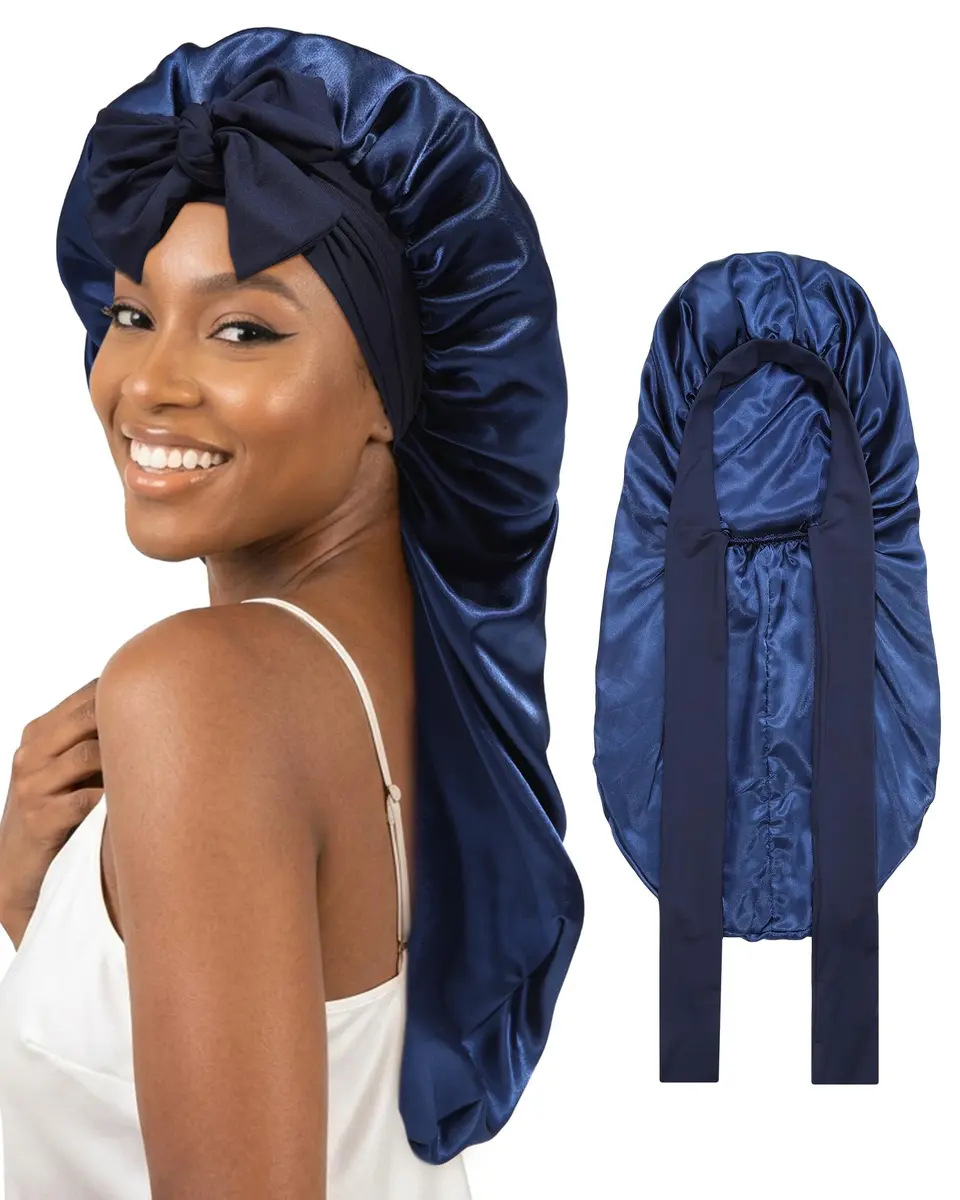 AWAYTR Long Satin Bonnet for Braids - Double Layer Hair Bonnet for Sleeping | Adjustable Elastic Tie, Moisture Lock, Suitable for Long & Thick Hair - main product image
