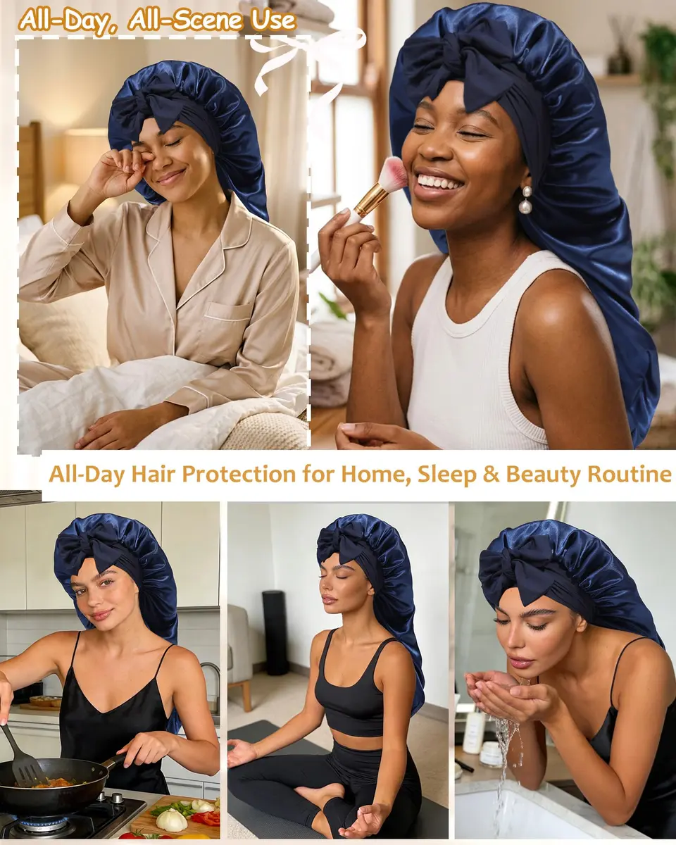 AWAYTR Long Satin Bonnet for Braids - Double Layer Hair Bonnet for Sleeping | Adjustable Elastic Tie, Moisture Lock, Suitable for Long & Thick Hair - view 5