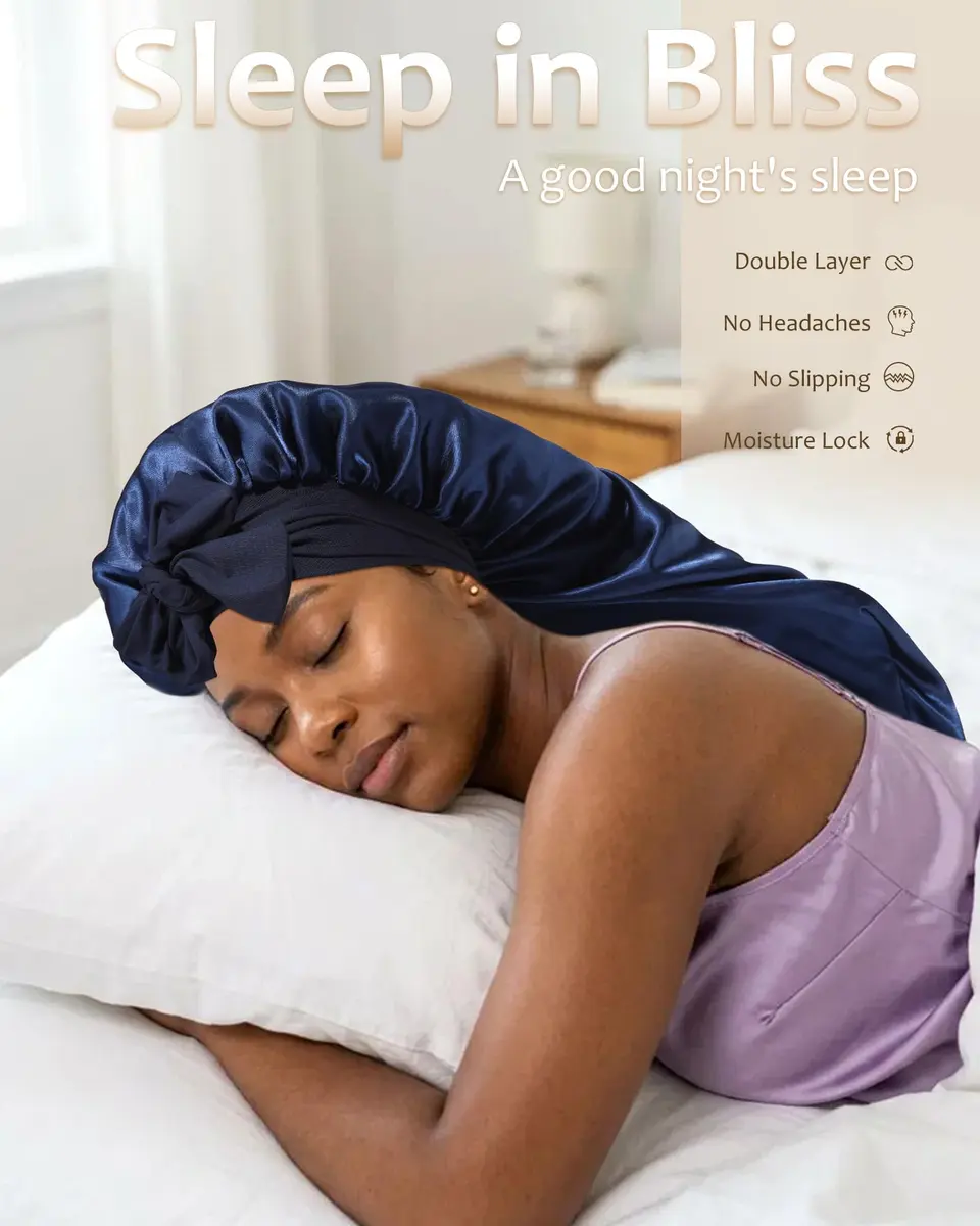 AWAYTR Long Satin Bonnet for Braids - Double Layer Hair Bonnet for Sleeping | Adjustable Elastic Tie, Moisture Lock, Suitable for Long & Thick Hair - view 6