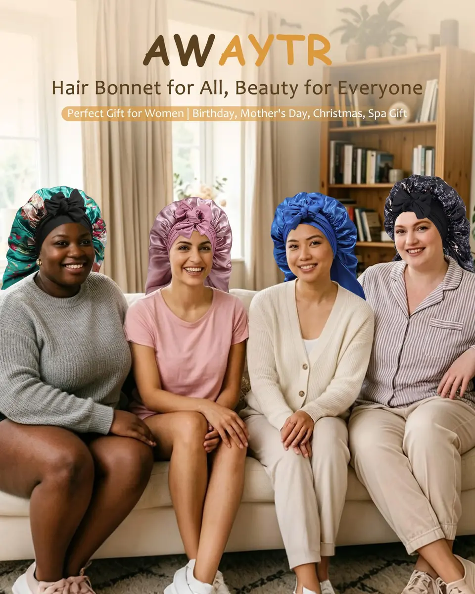 AWAYTR Long Satin Bonnet for Braids - Double Layer Hair Bonnet for Sleeping | Adjustable Elastic Tie, Moisture Lock, Suitable for Long & Thick Hair - view 7