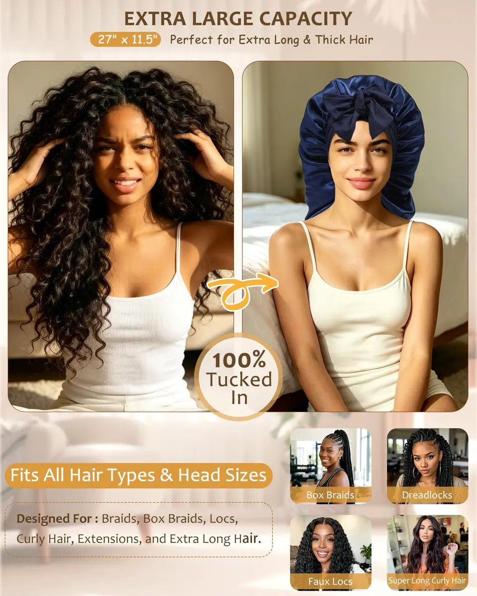 AWAYTR Long Satin Bonnet for Braids - Double Layer Hair Bonnet for Sleeping | Adjustable Elastic Tie, Moisture Lock, Suitable for Long & Thick Hair - view 2