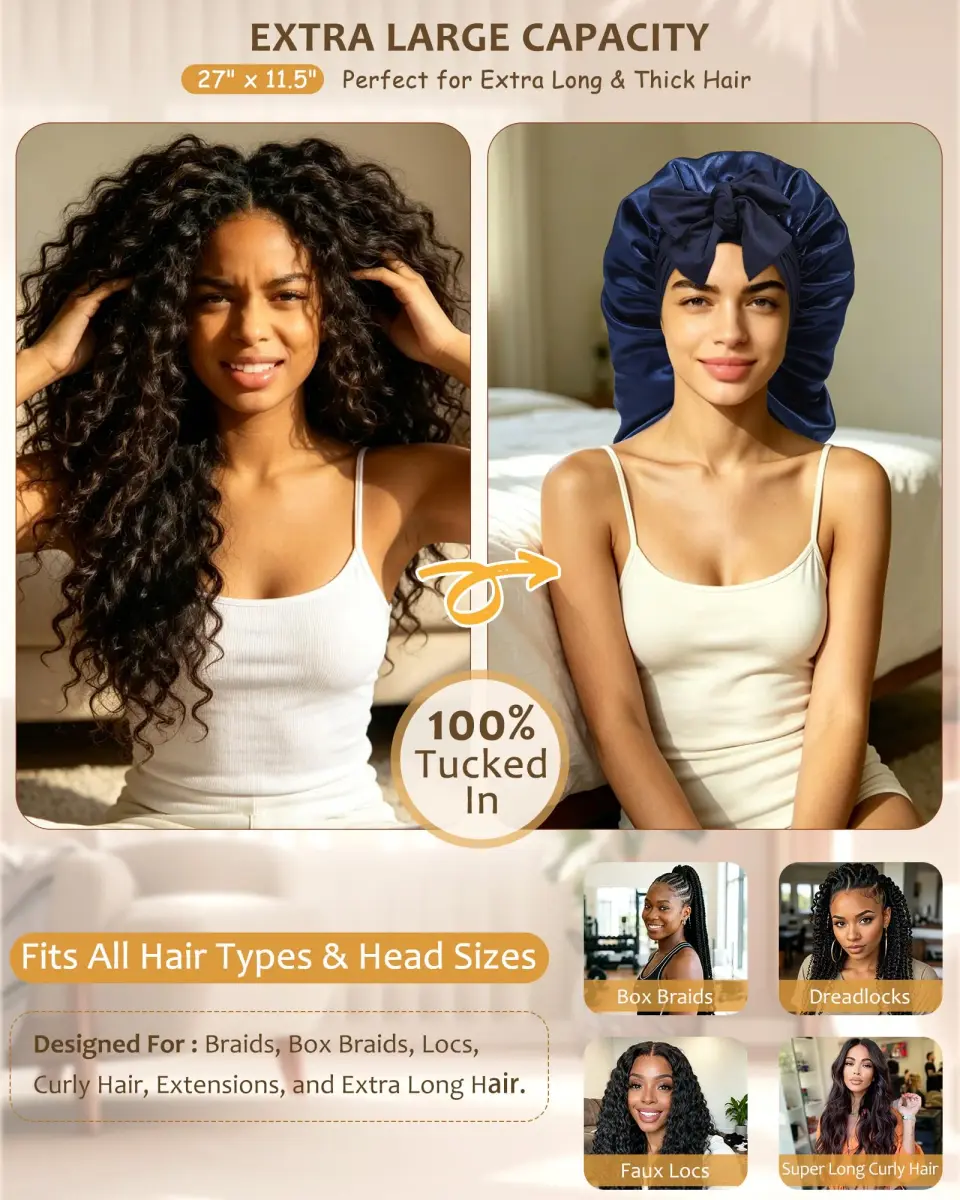 AWAYTR Navy Blue Long Satin Bonnet for Braids - Double Layer with Straps, 27in - view 2