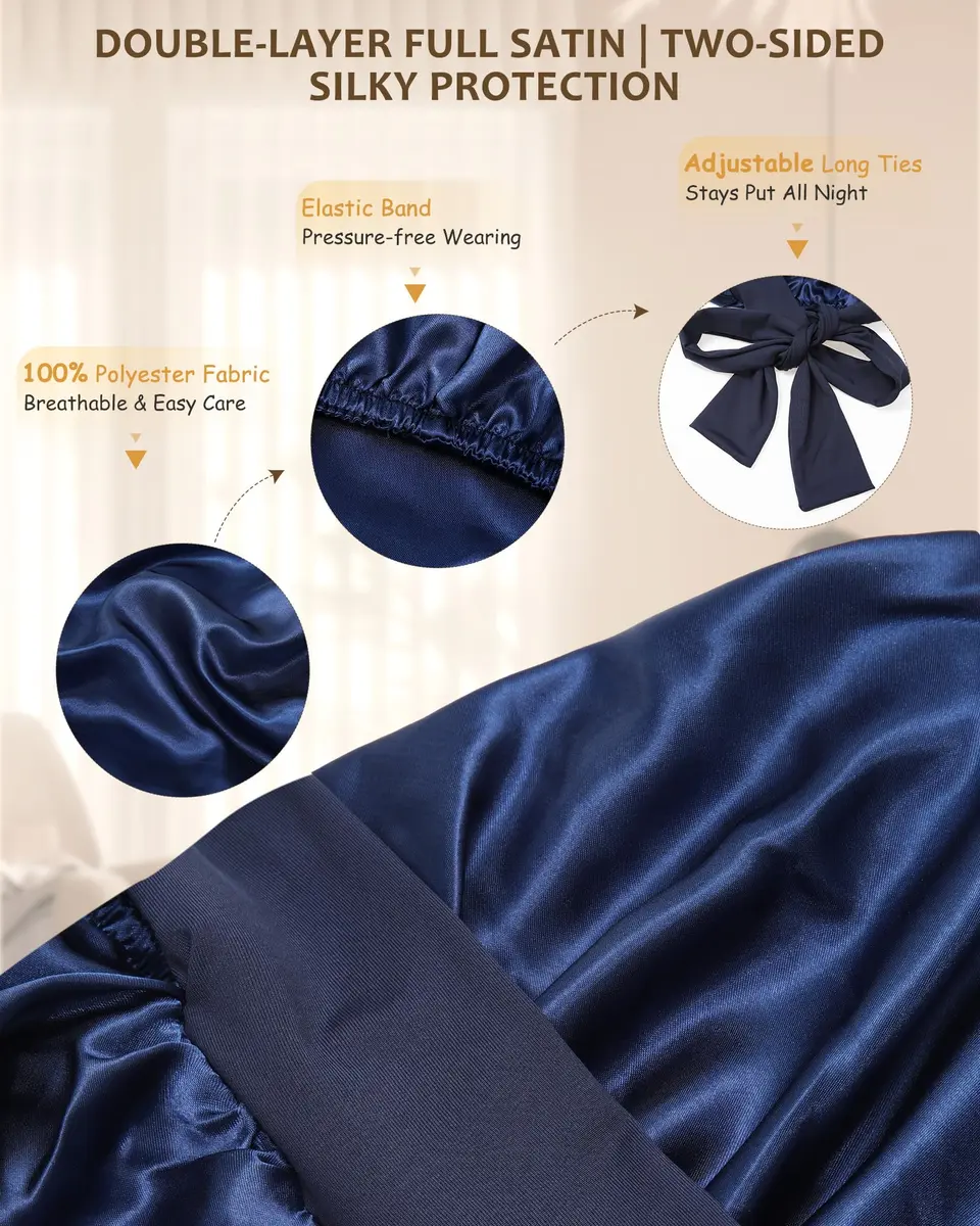 AWAYTR Long Satin Bonnet for Braids - Double Layer Hair Bonnet for Sleeping | Adjustable Elastic Tie, Moisture Lock, Suitable for Long & Thick Hair - view 3