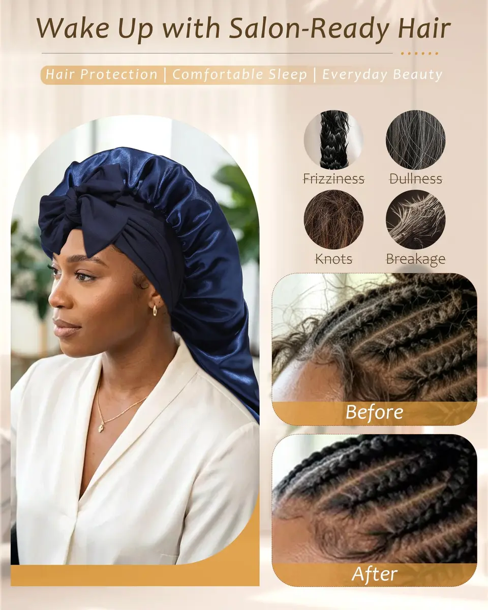 AWAYTR Long Satin Bonnet for Braids - Double Layer Hair Bonnet for Sleeping | Adjustable Elastic Tie, Moisture Lock, Suitable for Long & Thick Hair - view 4