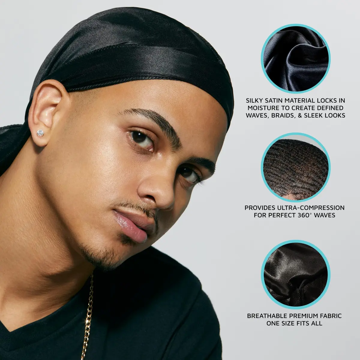 KISS COLORS & CARE Power Wave Silky Satin Durag Black | Breathable Premium Fabric - view 5