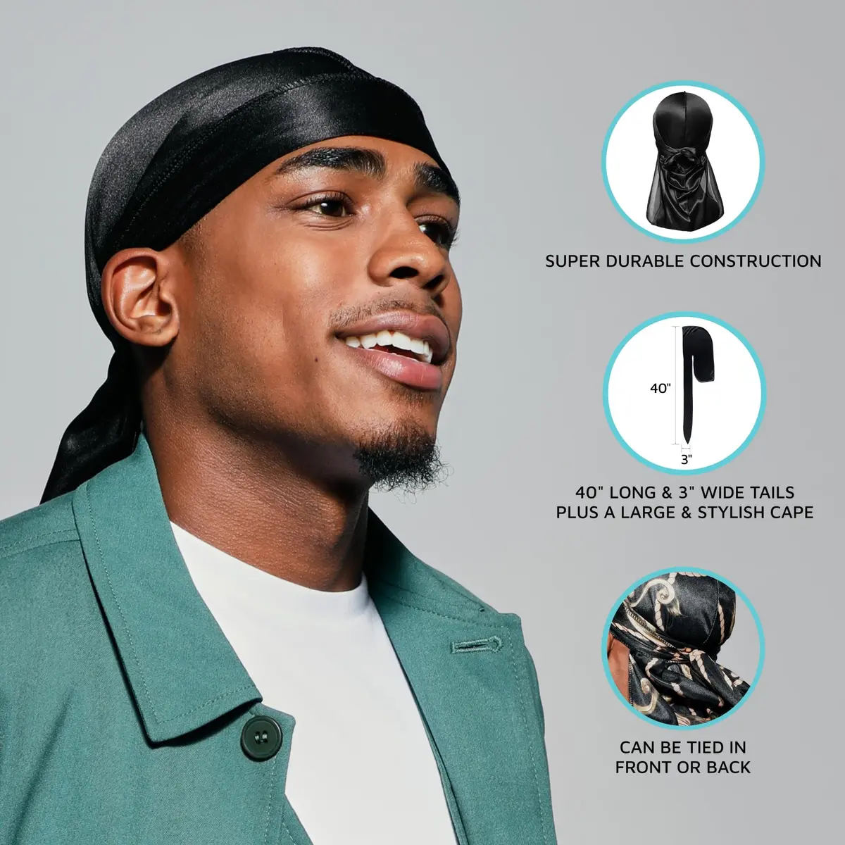 KISS COLORS & CARE Power Wave Silky Satin Durag Black | Breathable Premium Fabric - view 6