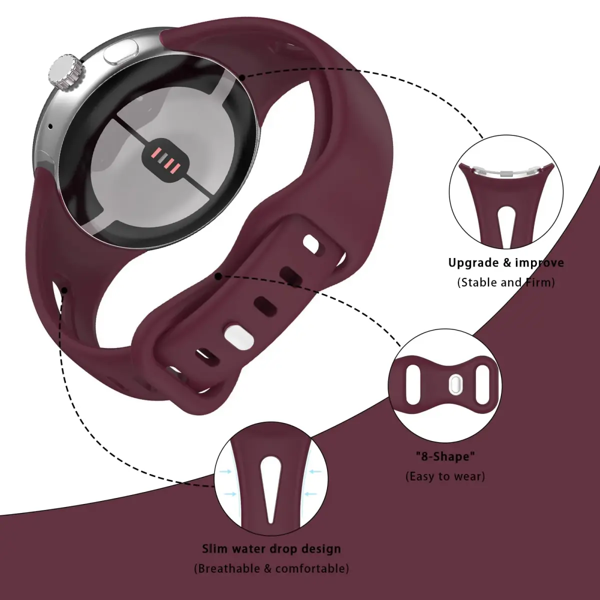 Eiavike Slim Silicone Watch Band for Google Pixel Watch 4/3/2/1 (41mm) - Burgundy, 22mm | Breathable & Adjustable Sport Strap - view 2