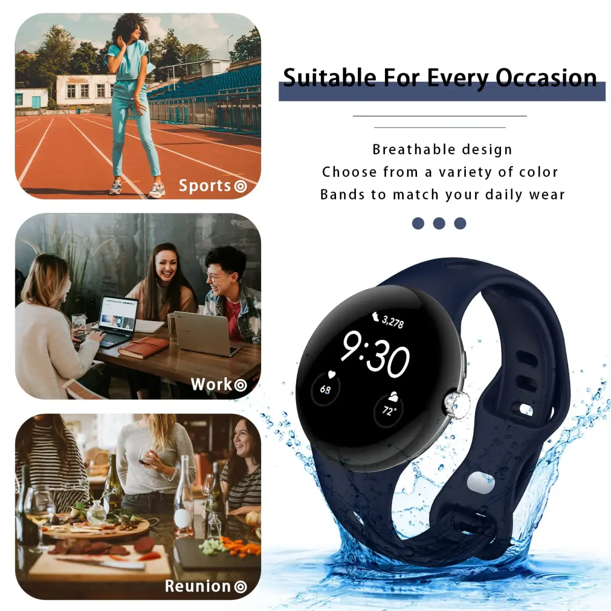 Eiavike Slim Silicone Sport Band for Google Pixel Watch 4/3/2/1 (41mm) Midnight Blue | Adjustable & Breathable Wristband - view 6