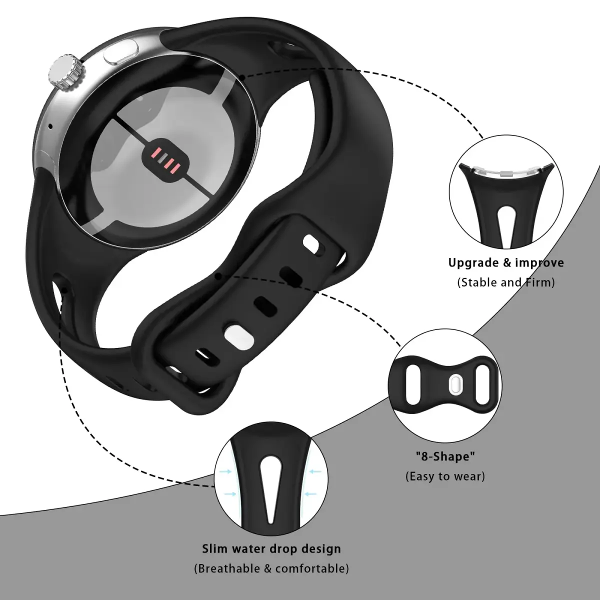 Eiavike Slim Silicone Watch Band for Google Pixel Watch 4/3/2/1 (41mm) - Black, 22mm | Breathable & Adjustable Sport Strap - view 2