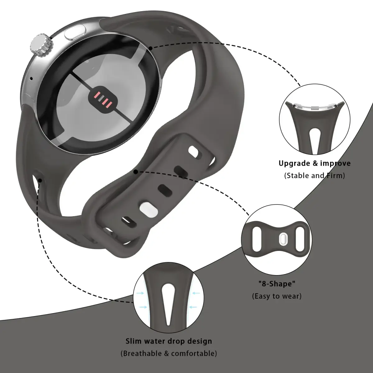 Eiavike Slim Silicone Watch Band for Google Pixel Watch 4/3/2/1 (41mm) - Dark Grey, 22mm | Breathable & Adjustable Sport Strap - view 2