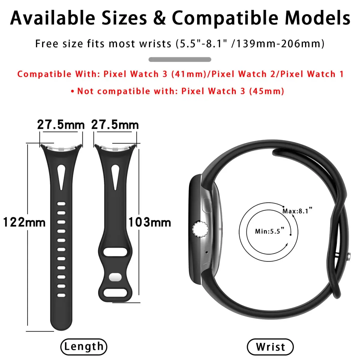 Eiavike Slim Silicone Watch Band for Google Pixel Watch 4/3/2/1 (41mm) - Dark Grey, 22mm | Breathable & Adjustable Sport Strap - view 3