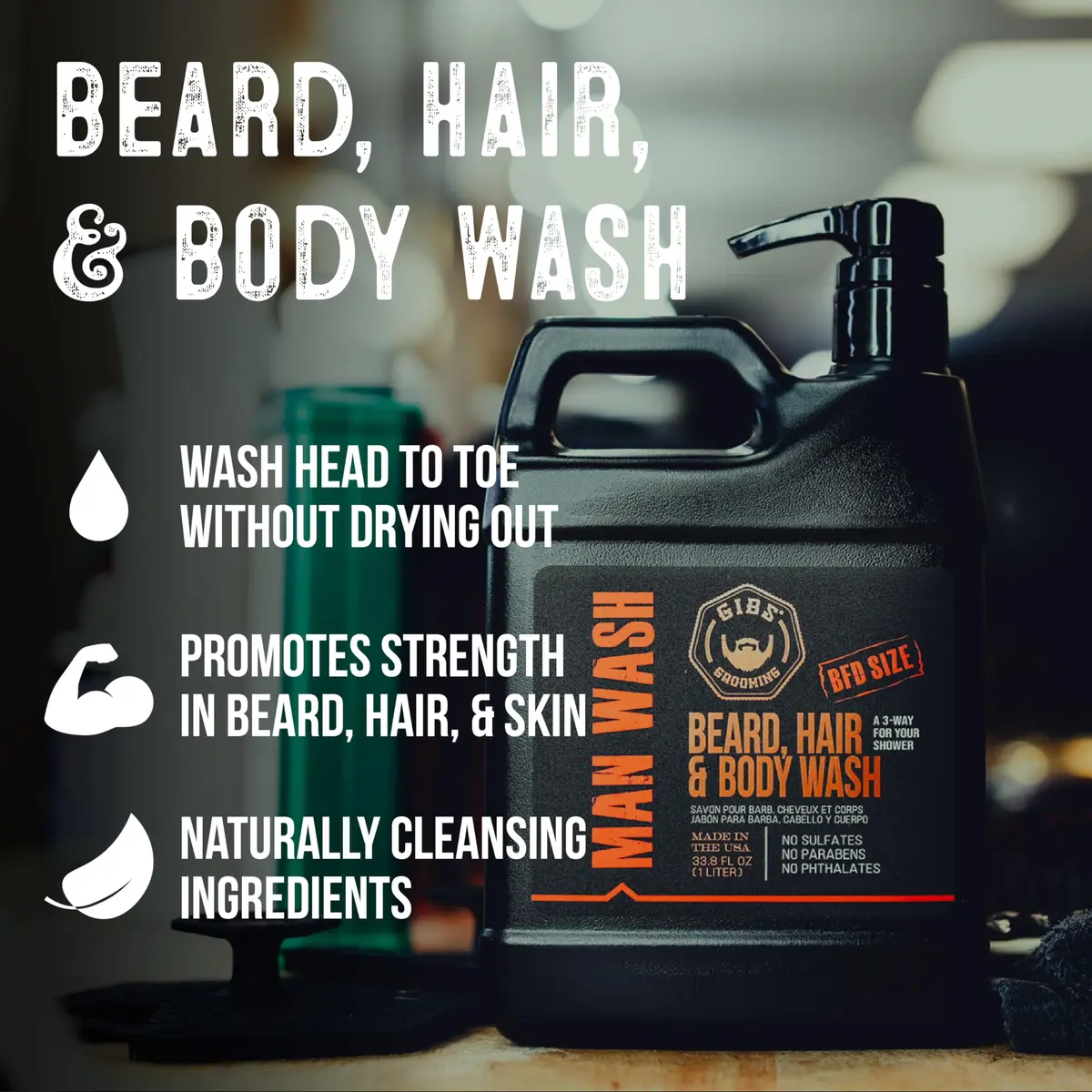 GIBS 3 in 1 Man Wash Body Wash 3.25oz | Beard, Hair & Body Moisturizing & Cleansing - view 2