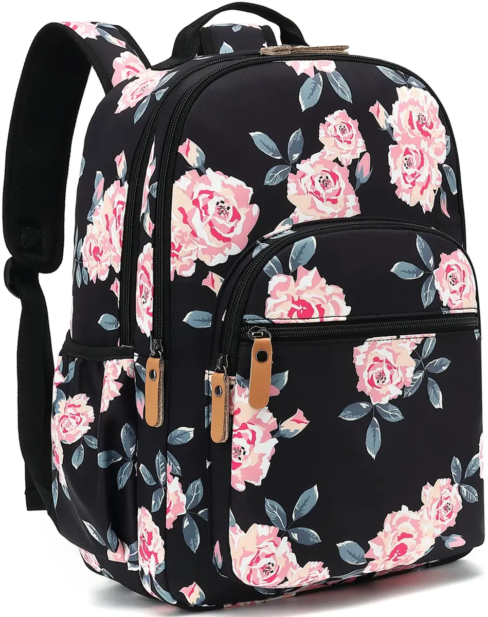 Leaper Floral School Backpack Travel Bag Women Satchel, Black-pink Flower [8005up] 17L (11.8"W x 16.5"H x 6.7"D) | Water-Resistant Polyester - main product image
