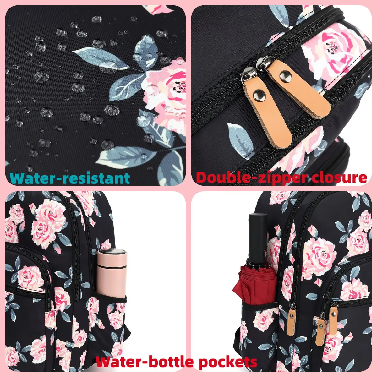 Leaper Floral School Backpack Travel Bag Women Satchel, Black-pink Flower [8005up] 17L (11.8"W x 16.5"H x 6.7"D) | Water-Resistant Polyester - view 6