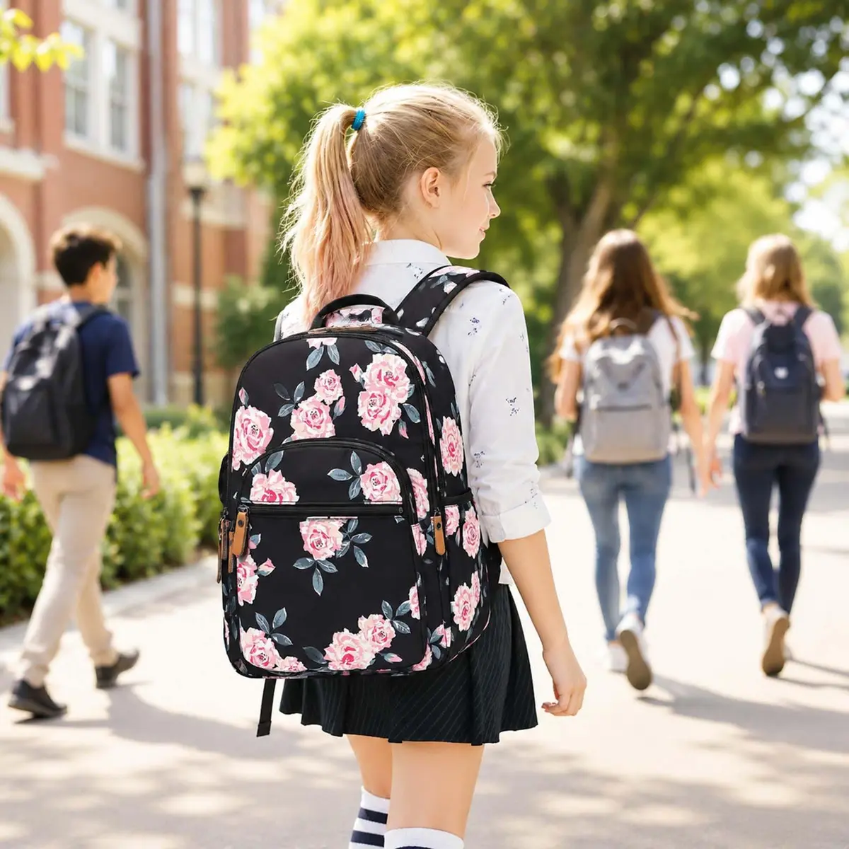 Leaper Floral School Backpack Travel Bag Women Satchel, Black-pink Flower [8005up] 17L (11.8"W x 16.5"H x 6.7"D) | Water-Resistant Polyester - view 7