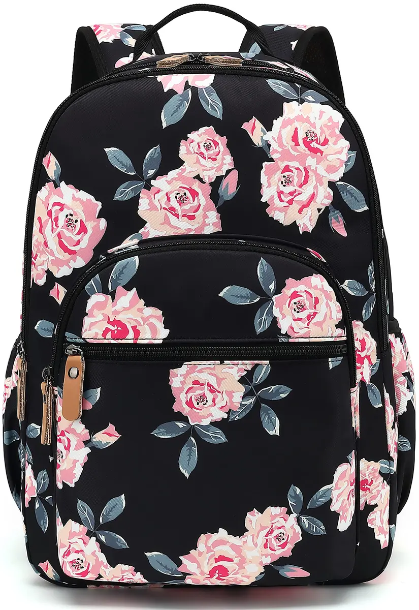Leaper Floral School Backpack Travel Bag Women Satchel, Black-pink Flower [8005up] 17L (11.8"W x 16.5"H x 6.7"D) | Water-Resistant Polyester - view 2