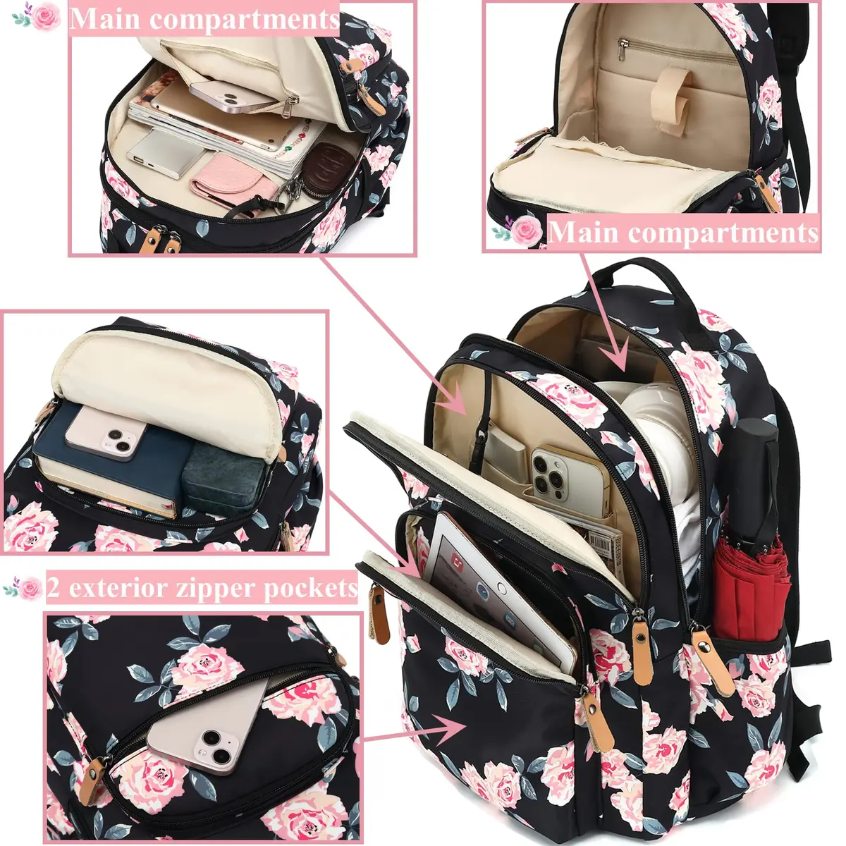 Leaper Floral School Backpack Travel Bag Women Satchel, Black-pink Flower [8005up] 17L (11.8"W x 16.5"H x 6.7"D) | Water-Resistant Polyester - view 4