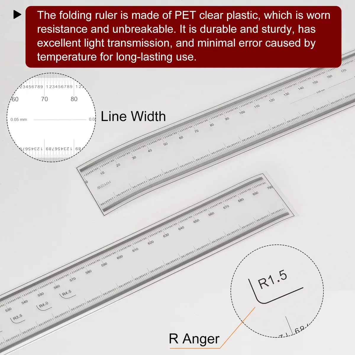 HARFINGTON Film Flexible Ruler 70cm 0.1mm Scale with R Angle & Width Lines PET Plastic Folding Straight Ruler Calibration Soft Ruler Measuring Tool for Factory, Transparent - view 5
