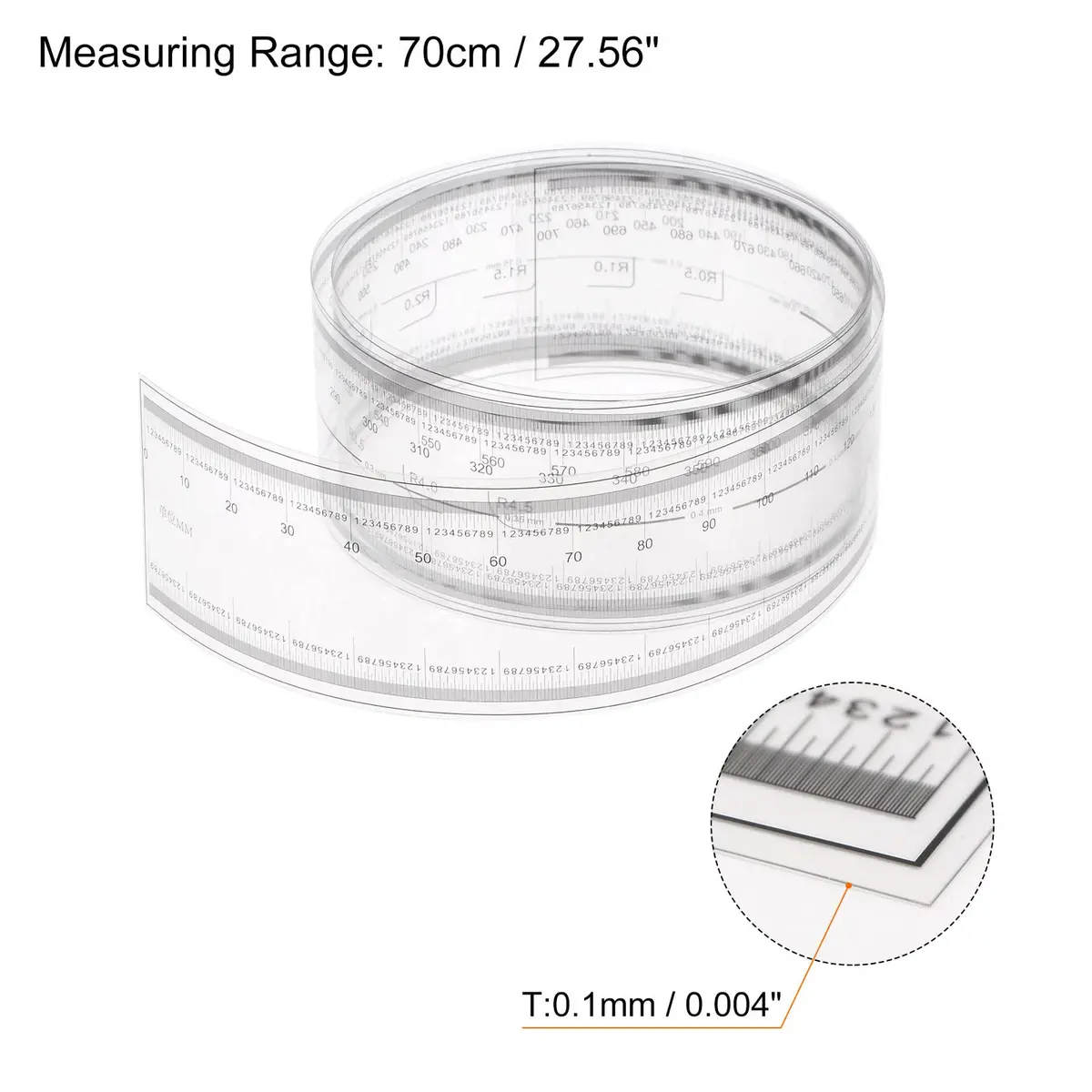 HARFINGTON Film Flexible Ruler 70cm 0.1mm Scale with R Angle & Width Lines PET Plastic Folding Straight Ruler Calibration Soft Ruler Measuring Tool for Factory, Transparent - view 2
