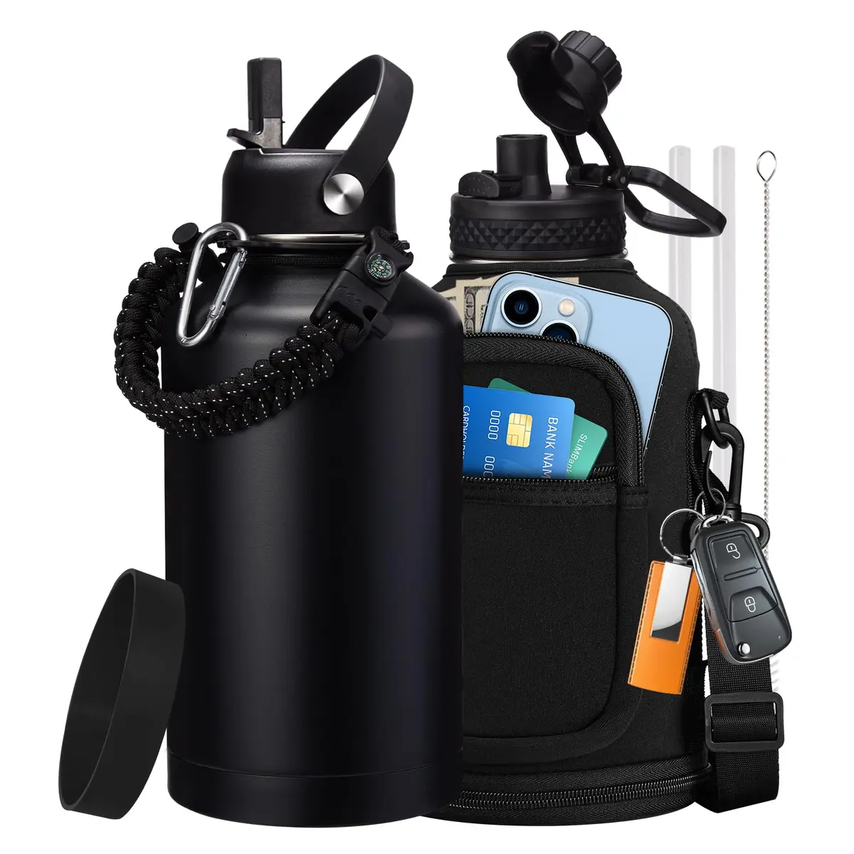 VICKNIY 64 oz Insulated Water Bottle with Straw & Auto Spout, Paracord Handle, Carrier & Boot | Leak-proof Thermo Mug - main product image
