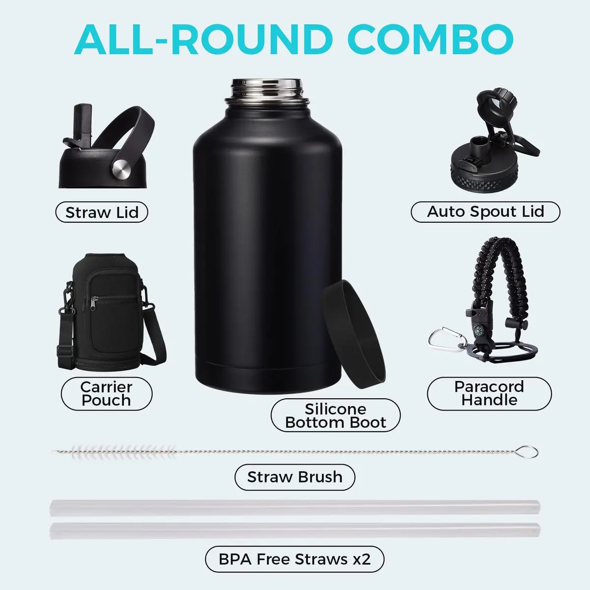 VICKNIY 64 oz Insulated Water Bottle with Straw & Auto Spout, Paracord Handle, Carrier & Boot | Leak-proof Thermo Mug - view 2
