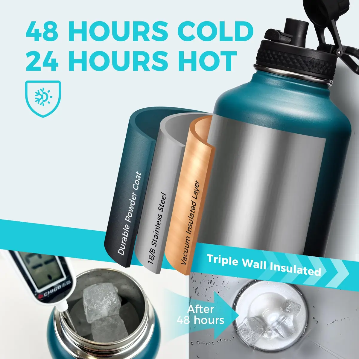 VICKNIY 64 oz Insulated Water Bottle with Straw & Auto Spout, Paracord Handle, Carrier & Boot | Leak-proof Thermo Mug - view 3