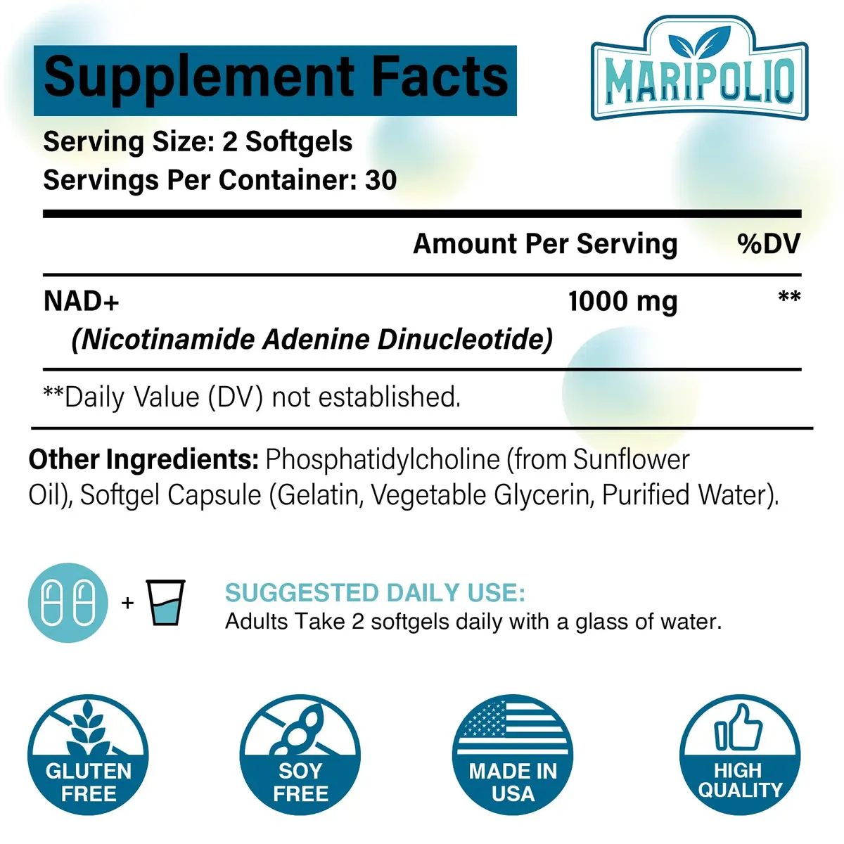 Maripolio Liposomal NAD+ 1000 mg Supplement | Cellular Energy & Wellness Support | 60 Softgels - view 2