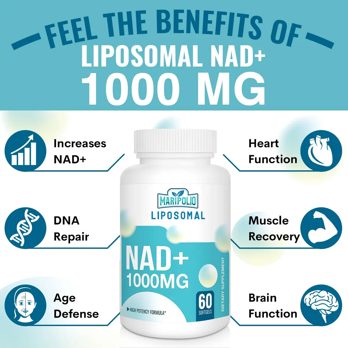 Maripolio Liposomal NAD+ 1000 mg Supplement | Cellular Energy & Wellness Support | 60 Softgels - view 3