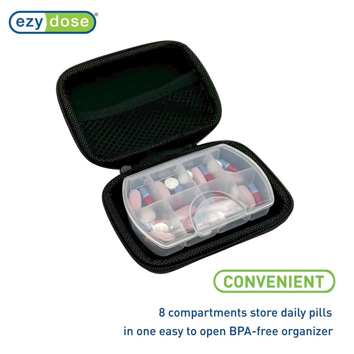 Ezy Dose Hard Sided Pill Organizer, Pocket Pharmacy Medicine Case, Black | 8 Compartments, BPA-Free, Travel-Friendly - view 4