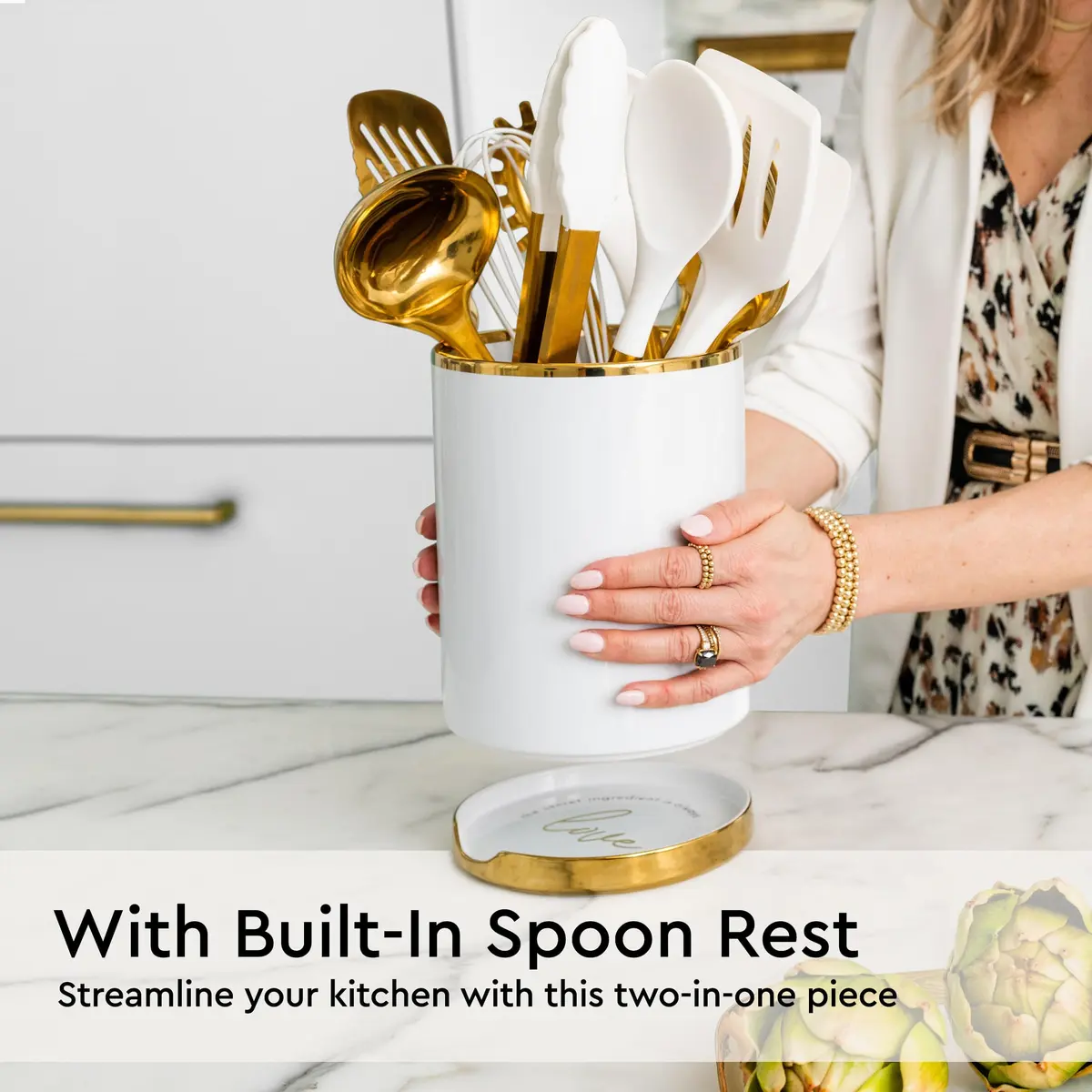 STYLED SETTINGS White Utensil Holder with Built-In Ceramic Spoon Rest | Large Capacity, Hygienic & Elegant - view 6
