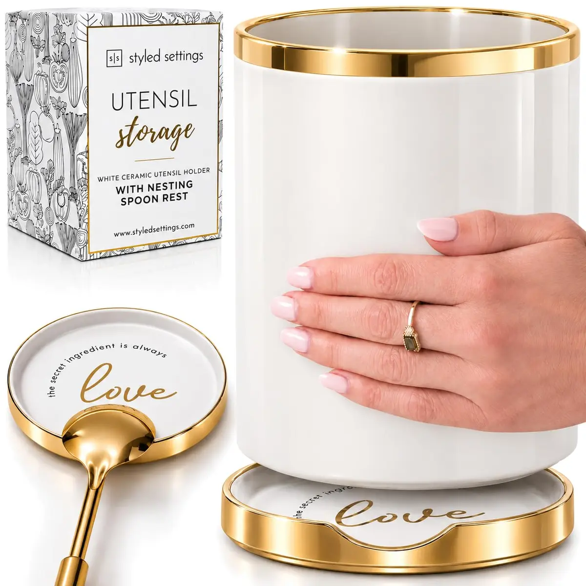 STYLED SETTINGS White Utensil Holder with Built-In Ceramic Spoon Rest | Large Capacity, Hygienic & Elegant - main product image