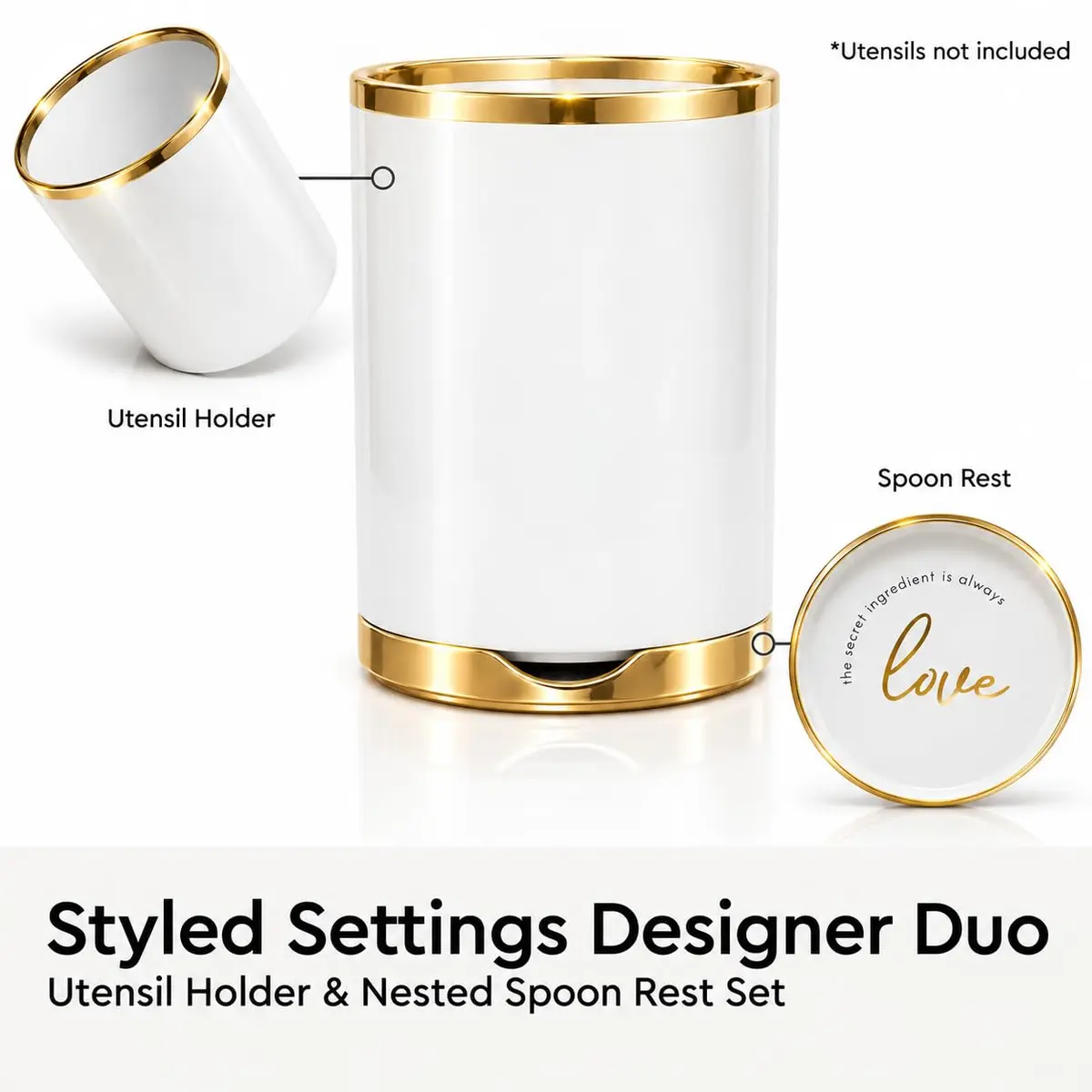 STYLED SETTINGS White Utensil Holder with Built-In Ceramic Spoon Rest | Large Capacity, Hygienic & Elegant - view 2