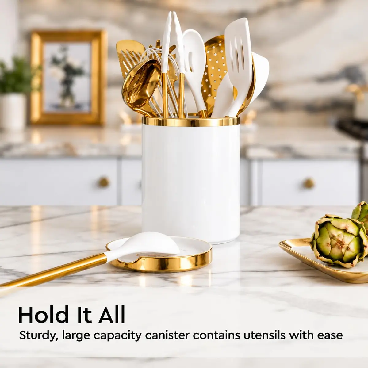STYLED SETTINGS White Utensil Holder with Built-In Ceramic Spoon Rest | Large Capacity, Hygienic & Elegant - view 3