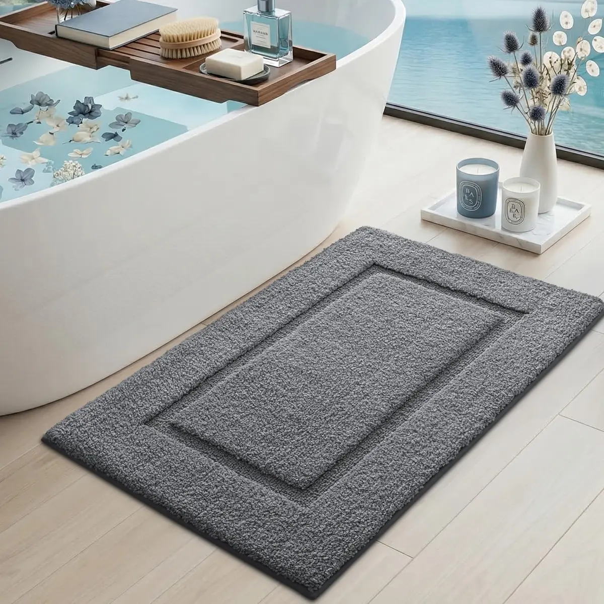 DEXI Grey Microfiber Bath Mat 61cm x 41cm (24"x16") | Soft, Absorbent, Non-Slip Bathroom Rug - view 2