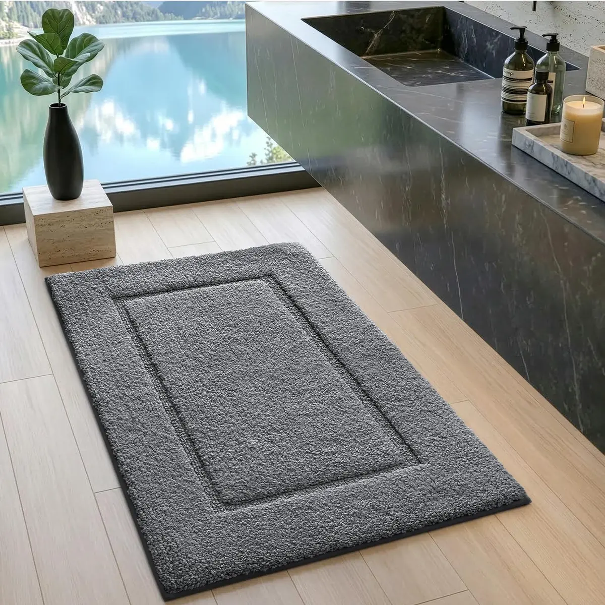 DEXI Grey Microfiber Bath Mat 61cm x 41cm (24"x16") | Soft, Absorbent, Non-Slip Bathroom Rug - view 3
