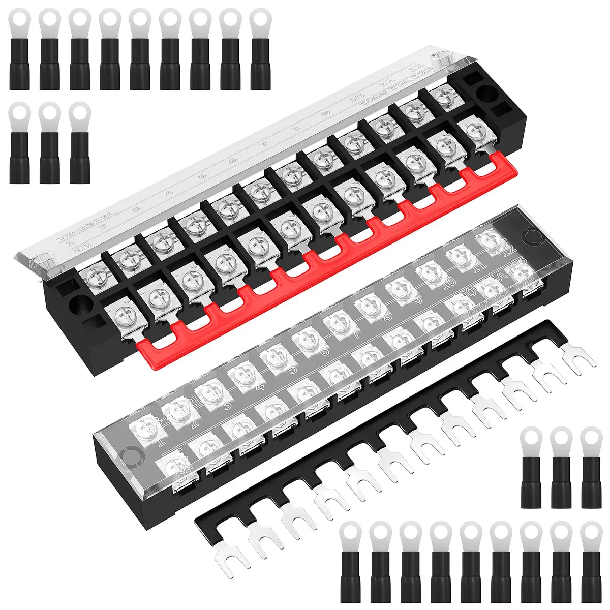 Joinfworld 35A 12 Position Terminal Block Set with Cover & Jumper Blocks (2 Sets) | Industrial Power Distribution - main product image
