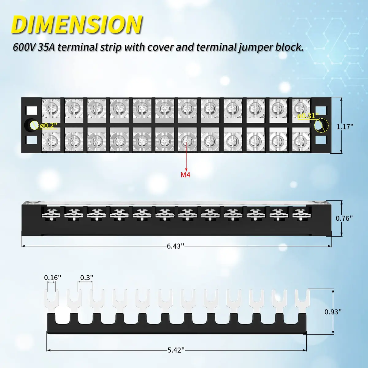 Joinfworld 35A 12 Position Terminal Block Set with Cover & Jumper Blocks (2 Sets) | Industrial Power Distribution - view 2