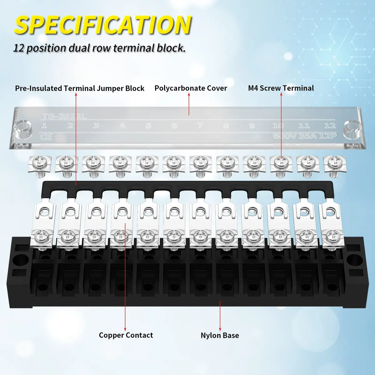 Joinfworld 35A 12 Position Terminal Block Set with Cover & Jumper Blocks (2 Sets) | Industrial Power Distribution - view 3