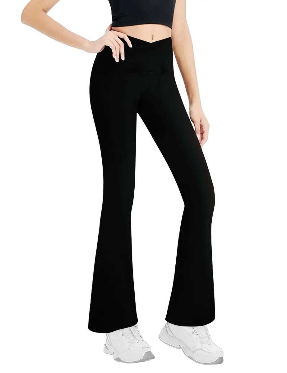 Gnainach Girls Cross Waist Bootcut Leggings 9-10 Years | High Rise, Flared, Black - main product image