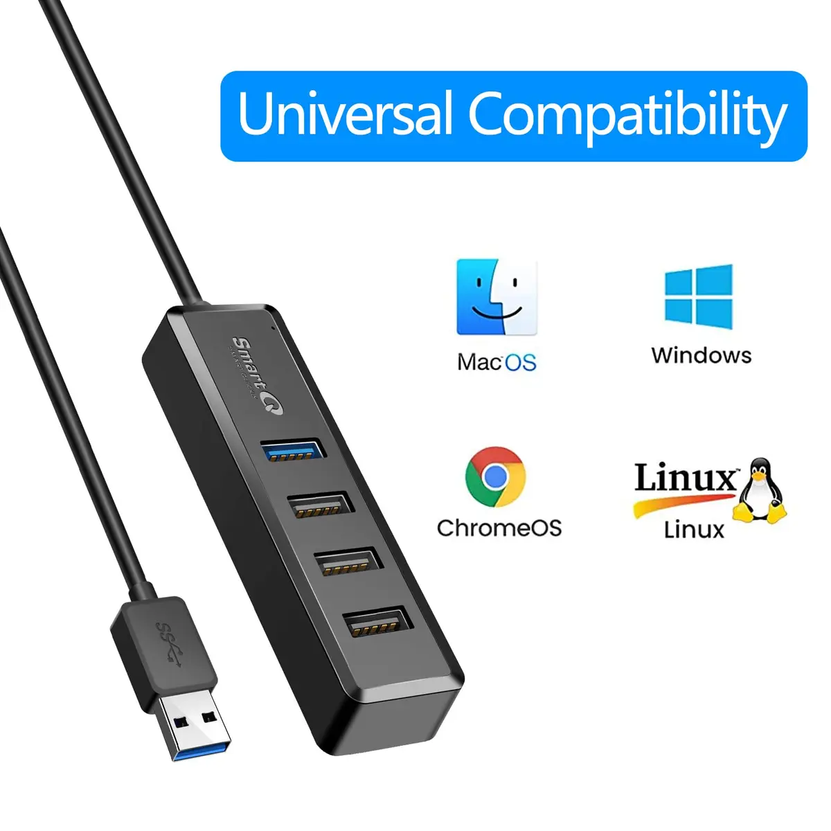 SmartQ 4-Port USB Hub - 1 USB 3.0 + 3 USB 2.0 Ports for MacBook, Mac Pro, Mac mini, iMac, Surface Pro, XPS, PC, Flash Drive, Mobile HDD, Laptop Extension Cable | Compact & Portable - view 4