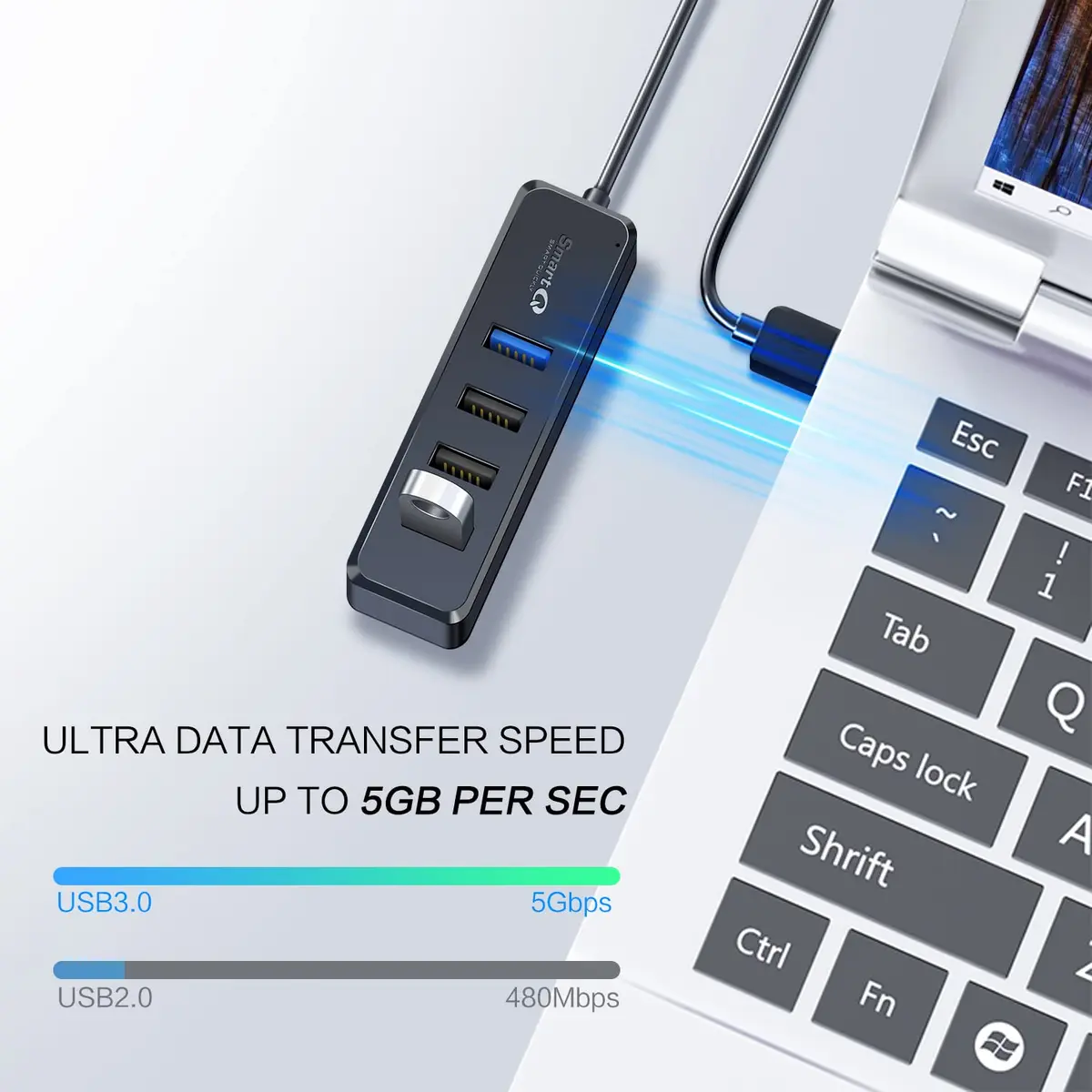SmartQ 4-Port USB Hub - 1 USB 3.0 + 3 USB 2.0 Ports for MacBook, Mac Pro, Mac mini, iMac, Surface Pro, XPS, PC, Flash Drive, Mobile HDD, Laptop Extension Cable | Compact & Portable - view 3