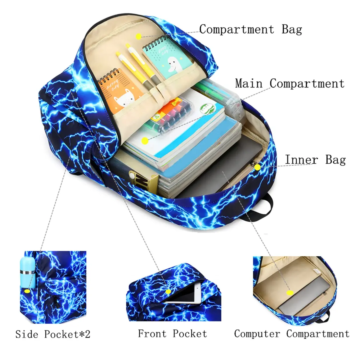 mezhsa Lightning Blue Backpack 17 Inches | Waterproof Lightweight School Bag for Kids - view 7