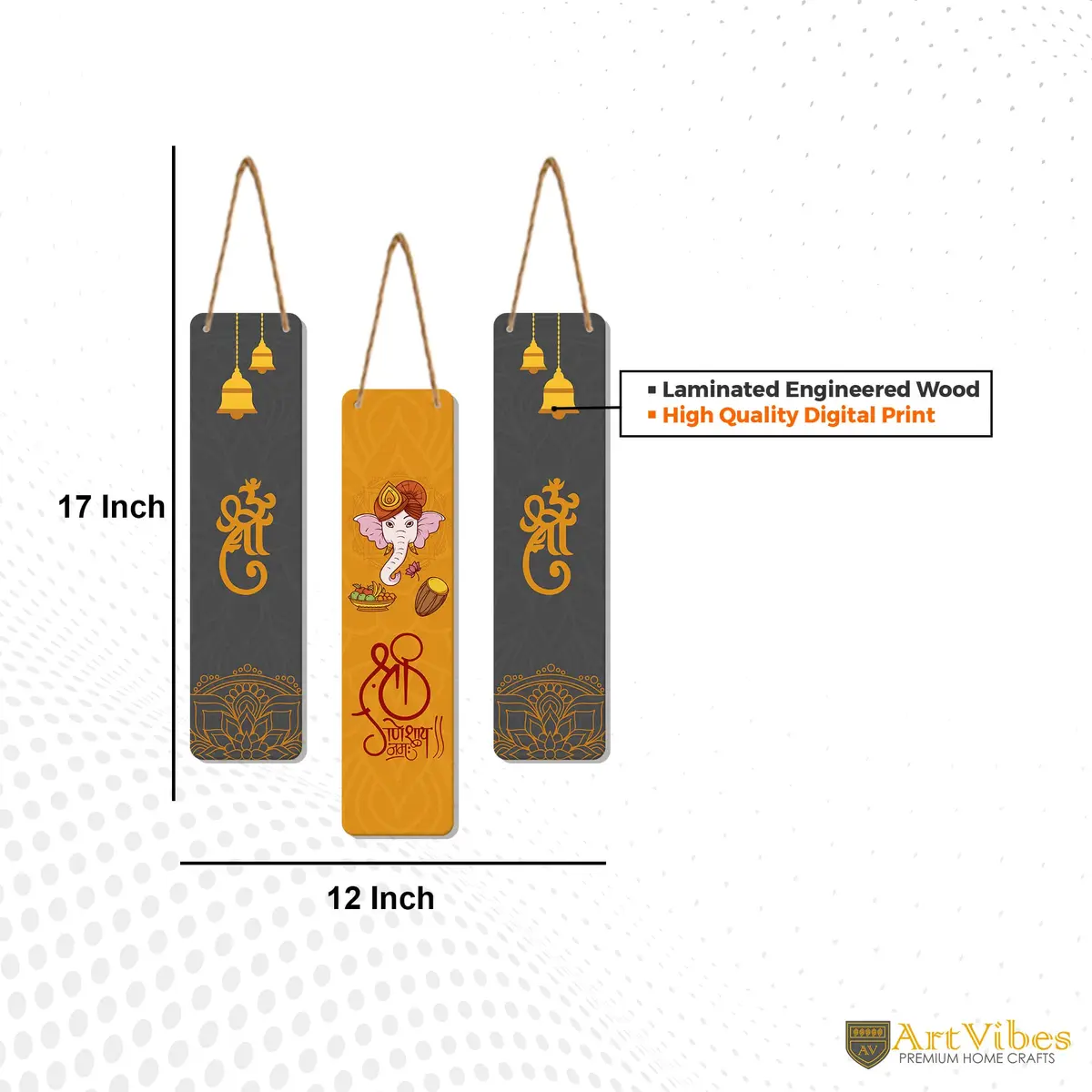 Artvibes Auspicious Shri Ganesh Wooden Art Work Wall Hanging Set of 3 | Spiritual Decor Items 43cm (17 Inches) - view 6
