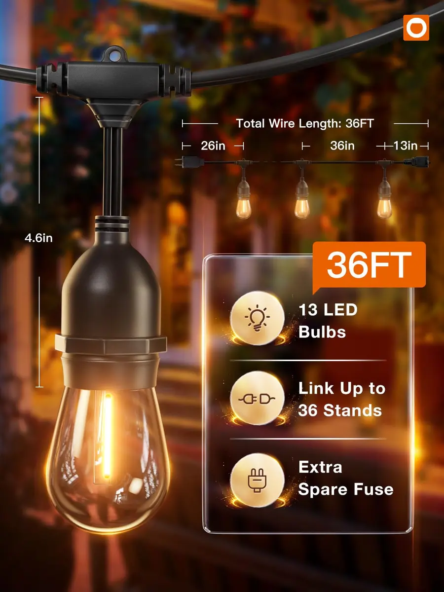 addlon LED Outdoor String Lights 36FT Vintage Weatherproof ETL | Shatterproof Edison Bulbs for Patio & Garden - view 6
